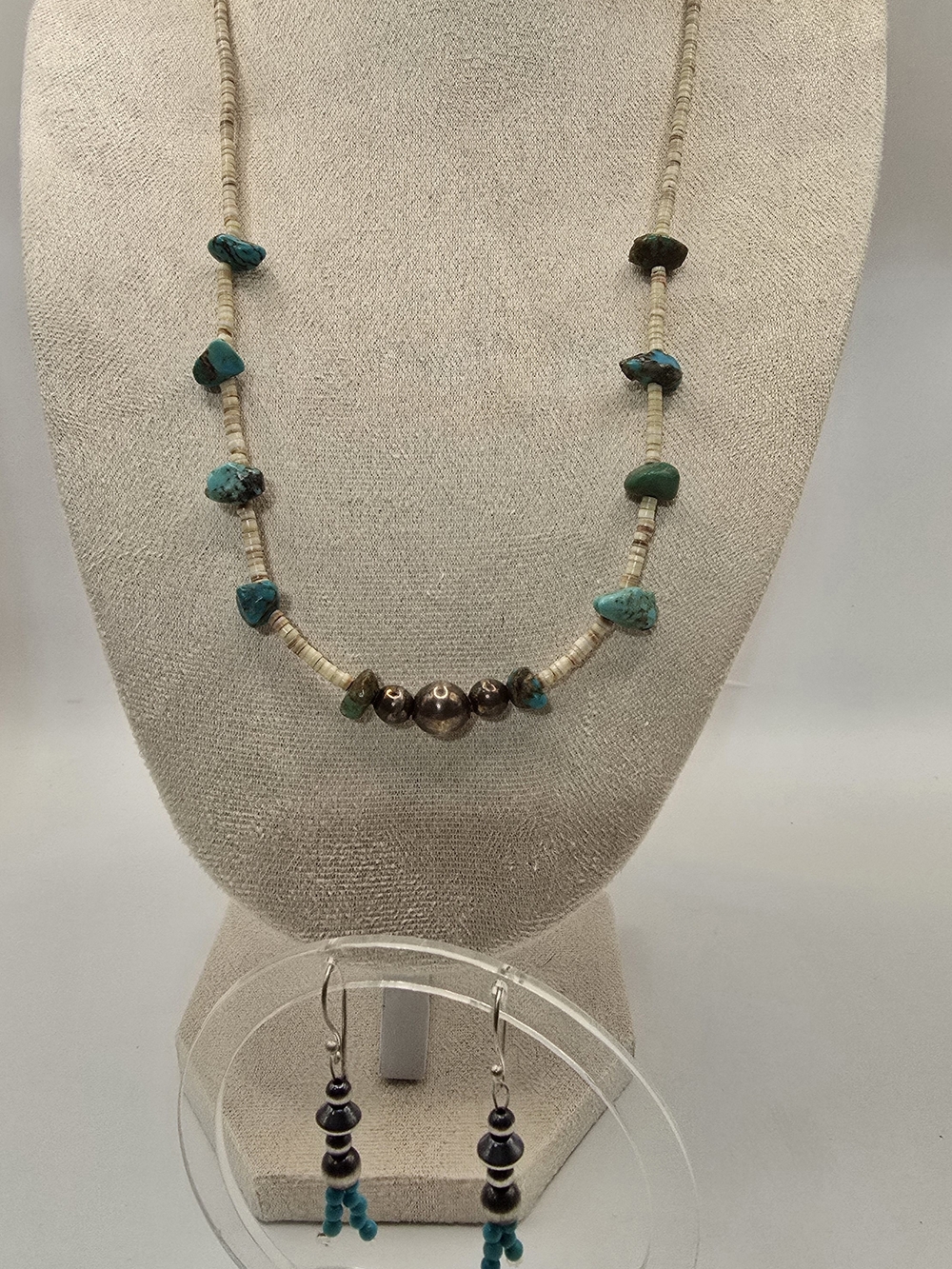 Handcrafted Turquoise & Voluta Heishi Necklace. Earrings. Both With Sterling.